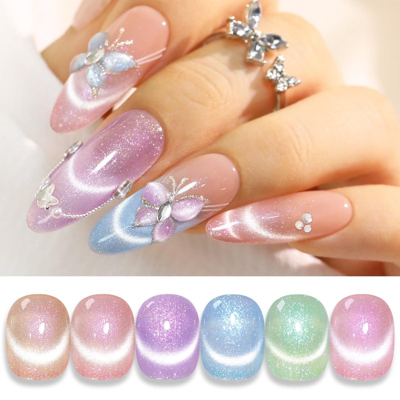 Double Rhythm 6 Colors Cat Eye Gel Polish Set Shimmer Glitter with Magnet Holographic Reflective Magnetic UV Nail Art Kit (6-Kit-48) - Image 1