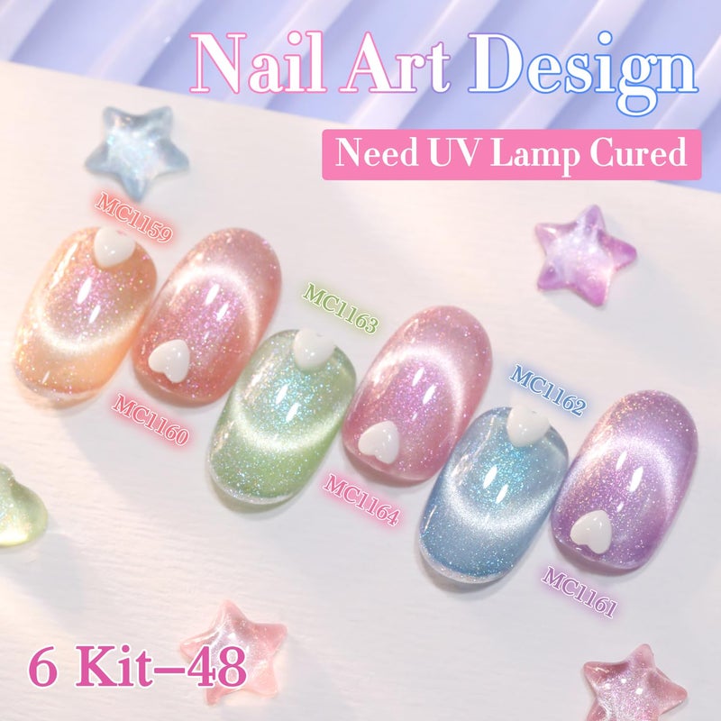 Double Rhythm 6 Colors Cat Eye Gel Polish Set Shimmer Glitter with Magnet Holographic Reflective Magnetic UV Nail Art Kit (6-Kit-48) - Image 5