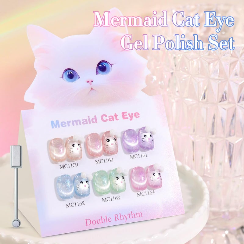 Double Rhythm 6 Colors Cat Eye Gel Polish Set Shimmer Glitter with Magnet Holographic Reflective Magnetic UV Nail Art Kit (6-Kit-48) - Image 3