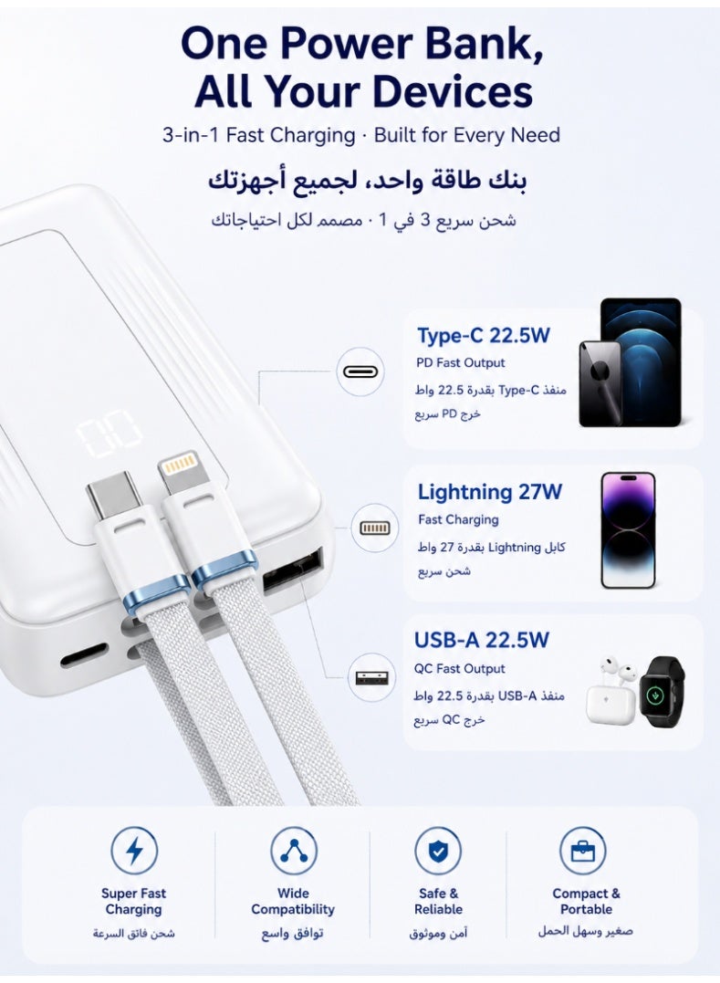 Power Bank, 20,000mAh 22.5W High-Speed Portable Charger with Built-In USB-C Cable, Battery Pack For iPhone 17/17 Air/17 Pro/17 Pro Max/16 Series, Galaxy, and More (20000 mAh) - Image 3