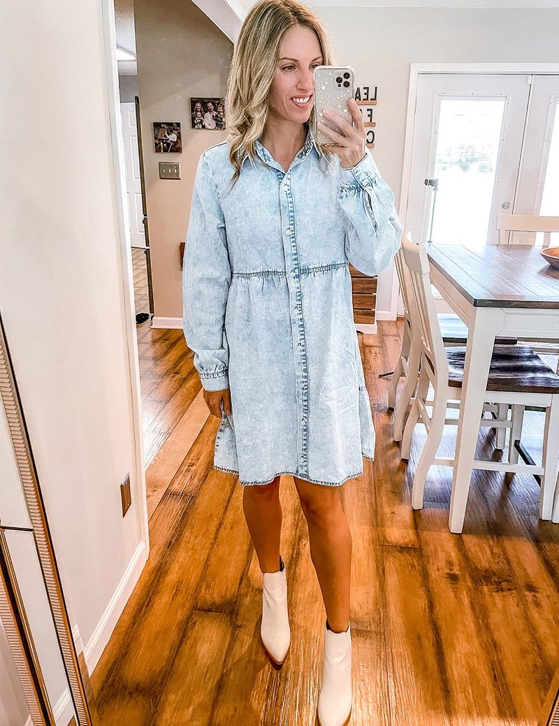 LookbookStore Casual Denim Dress for Women Long Sleeve Dress Wedding Guest Short Summer Dresses for Women Blue Jean Shirts Women Roadknight Blue Size Large Size 12 14 - Image 5