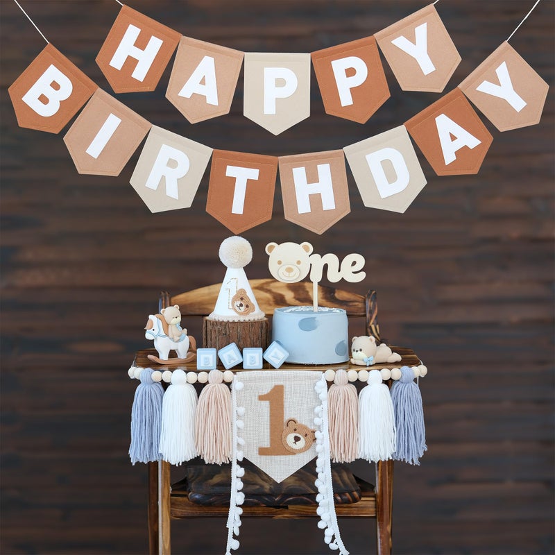 DCJHFJ Bear First Brown Felt Happy Birthday High Chair Banner Pre-strung Birthday Hanging Decoration With Birthday Hat One Cake Topper For 1st Birthday Party Decor - Image 1