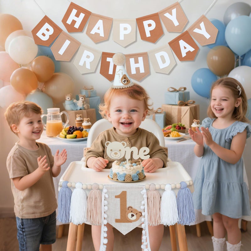 DCJHFJ Bear First Brown Felt Happy Birthday High Chair Banner Pre-strung Birthday Hanging Decoration With Birthday Hat One Cake Topper For 1st Birthday Party Decor - Image 4