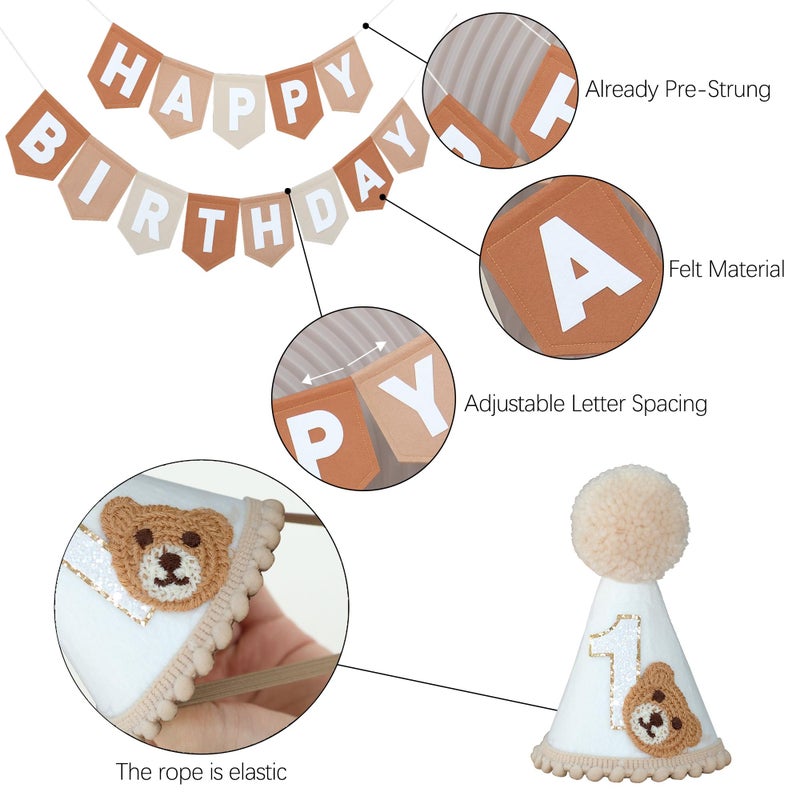DCJHFJ Bear First Brown Felt Happy Birthday High Chair Banner Pre-strung Birthday Hanging Decoration With Birthday Hat One Cake Topper For 1st Birthday Party Decor - Image 3