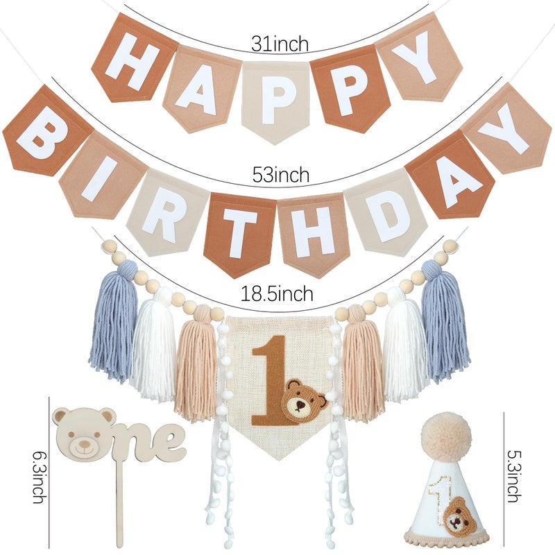 DCJHFJ Bear First Brown Felt Happy Birthday High Chair Banner Pre-strung Birthday Hanging Decoration With Birthday Hat One Cake Topper For 1st Birthday Party Decor - Image 5