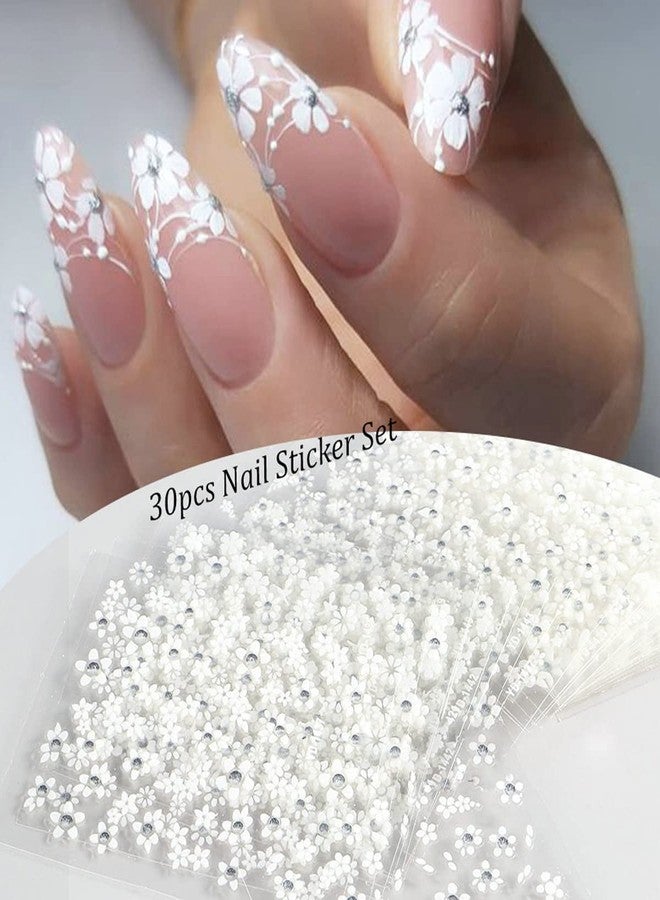 OSTTMA 30Sheets Floral Nail Art Stickers Decals 3D Self Adhesive White Flower Designs Nails Supplies White Flower Stickers with Rhinestones Nail Decorations for Women Manicure Transfer Tool Nails Wraps - Image 2
