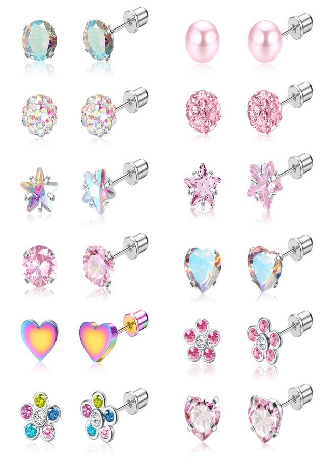 BESTEEL 12 Pairs Hypoallergenic Earrings for Girls Women Surgical Steel Screw Flat Back Earrings Cute CZ Flower Tiny Screwback Studs Set Toddler Kids Baby 20G Christmas Stocking Stuffers Gift - Image 1