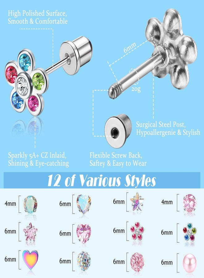 BESTEEL 12 Pairs Hypoallergenic Earrings for Girls Women Surgical Steel Screw Flat Back Earrings Cute CZ Flower Tiny Screwback Studs Set Toddler Kids Baby 20G Christmas Stocking Stuffers Gift - Image 2