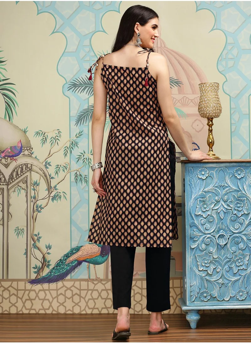 ISHIN Straight Fit Printed Pattern Round Neck Sleeveless Black Colour Woven Cotton Kurta Set for Women with Semi Elastic Closure - A Must-Have for Every Wardrobe