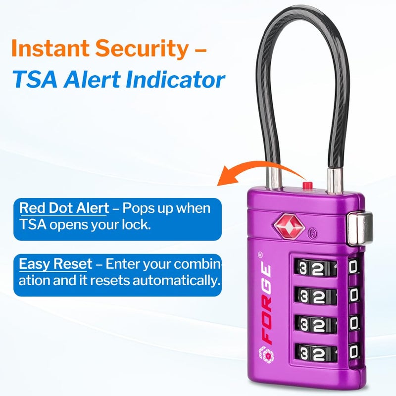 أقفال أمتعة Forge معتمدة من TSA – أقفال سفر TSA برمز مكوّن من 4 أرقام مع TSA008، ومؤشر تنبيه عند الفتح، وهيكل من سبيكة الزنك للأمتعة وحقيبة السفر وحقيبة الظهر وغير ذلك، أسود 2 PK، أقفال كابل - Image 2
