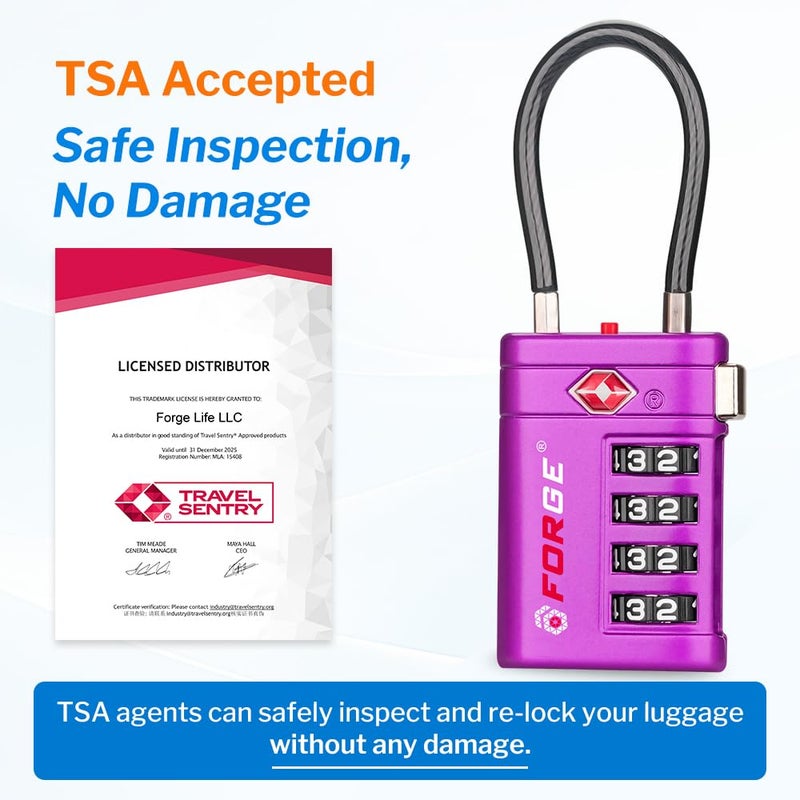 أقفال أمتعة Forge معتمدة من TSA – أقفال سفر TSA برمز مكوّن من 4 أرقام مع TSA008، ومؤشر تنبيه عند الفتح، وهيكل من سبيكة الزنك للأمتعة وحقيبة السفر وحقيبة الظهر وغير ذلك، أسود 2 PK، أقفال كابل - Image 5