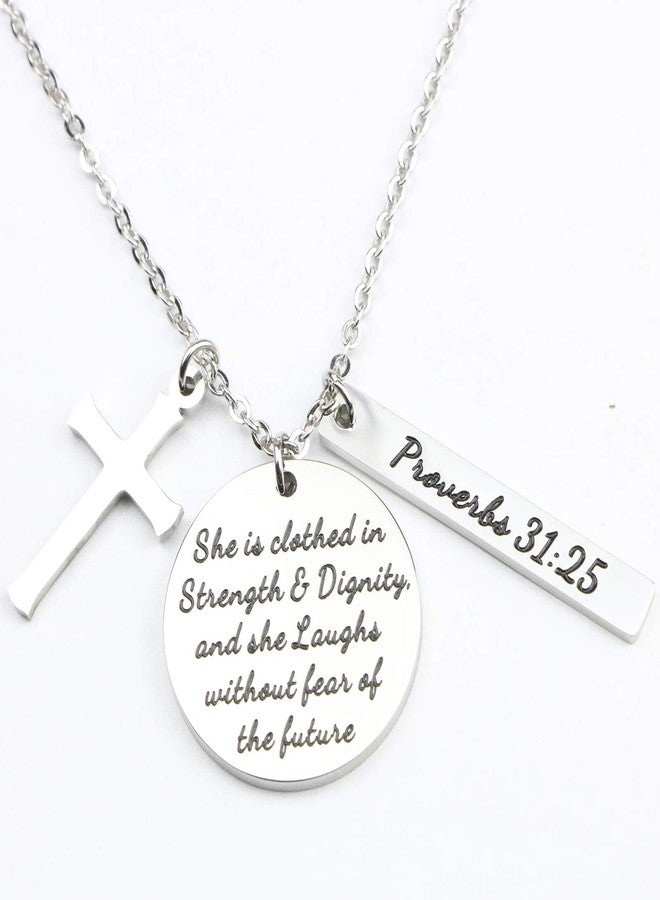 Memgift Christian Necklace Stainless Steel Cross Pendant Jewelry for Women She is Clothed in Strength and Dignity and She Laughs without Fears of the Future - Image 2