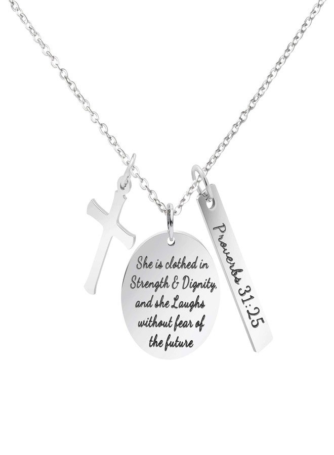Memgift Christian Necklace Stainless Steel Cross Pendant Jewelry for Women She is Clothed in Strength and Dignity and She Laughs without Fears of the Future - Image 1