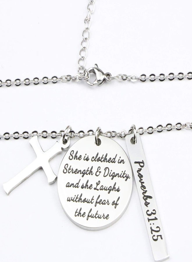 Memgift Christian Necklace Stainless Steel Cross Pendant Jewelry for Women She is Clothed in Strength and Dignity and She Laughs without Fears of the Future - Image 3