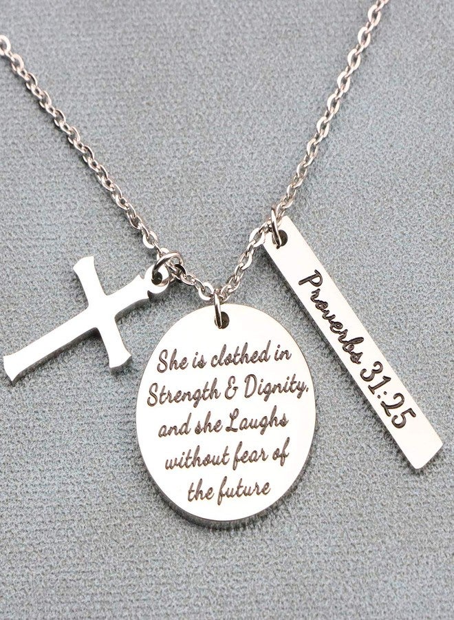 Memgift Christian Necklace Stainless Steel Cross Pendant Jewelry for Women She is Clothed in Strength and Dignity and She Laughs without Fears of the Future - Image 4