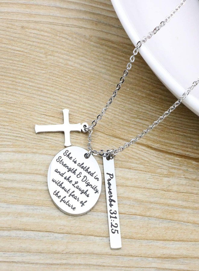 Memgift Christian Necklace Stainless Steel Cross Pendant Jewelry for Women She is Clothed in Strength and Dignity and She Laughs without Fears of the Future - Image 5