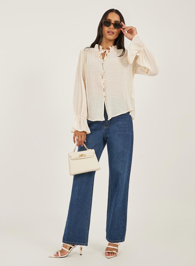 Styli Self Design Button Down Top with Tie Detail  - Image 2