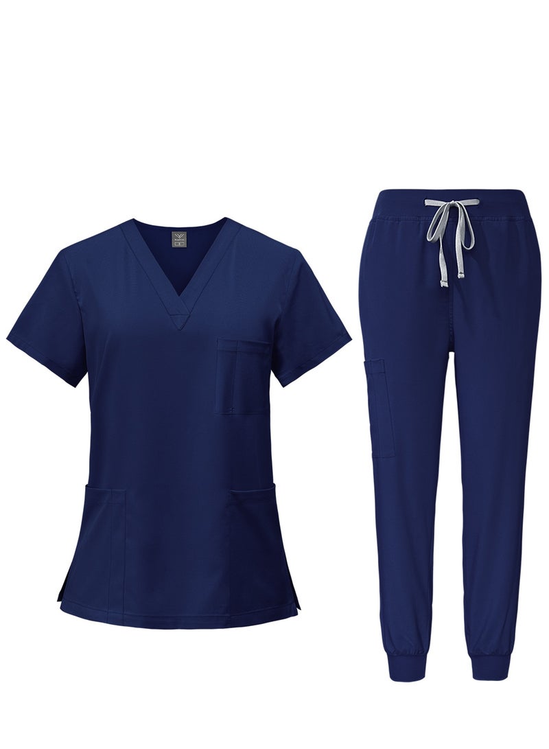 NiaaHinn Men Women's Medical Scrubs Set V-neck Top & Tapered Leg Jogger Pants with Drawstring Medical Nurse Uniform for Hospital Scrub Suit Uniforms for Summer (Navy Blue)  - Image 1