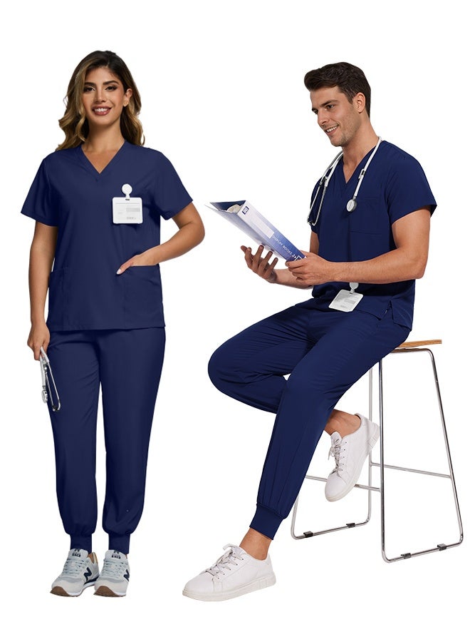 نياهين سكراب طبي نسائي وسكراب طبي رجالي، مكون من بلوزة بفتحة على شكل حرف V وبنطال رياضي ضيق الساق مع رباط، زي ممرضة طبي لزي ممرضة المستشفى للصيف (أزرق داكن) - Image 3
