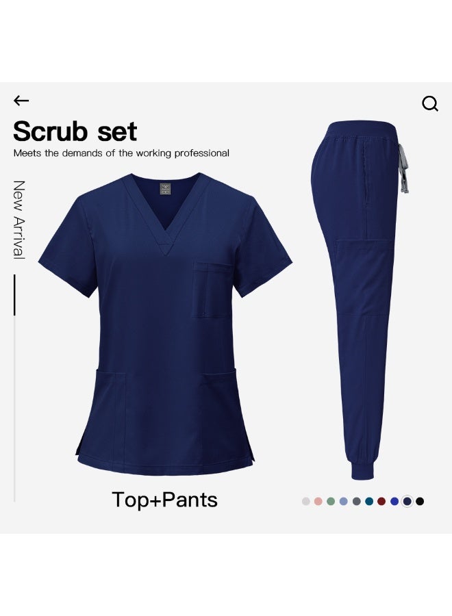 نياهين سكراب طبي نسائي وسكراب طبي رجالي، مكون من بلوزة بفتحة على شكل حرف V وبنطال رياضي ضيق الساق مع رباط، زي ممرضة طبي لزي ممرضة المستشفى للصيف (أزرق داكن) - Image 5