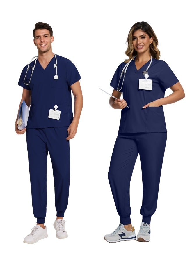 نياهين سكراب طبي نسائي وسكراب طبي رجالي، مكون من بلوزة بفتحة على شكل حرف V وبنطال رياضي ضيق الساق مع رباط، زي ممرضة طبي لزي ممرضة المستشفى للصيف (أزرق داكن) - Image 4