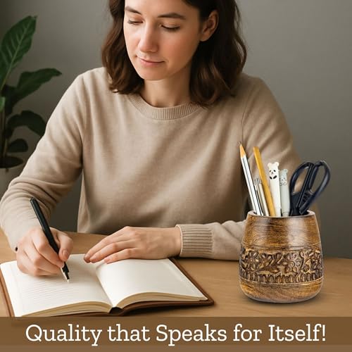Mie Creations Designer Pencil Holder for Desk Wood | Wooden Pen Stand, Paintbrush Cup, Desk Accessories, Cute Make Up Brush Organizers | Office Desktop Stationery, Christmas Holidays Gift- 4'' Brown - Image 5