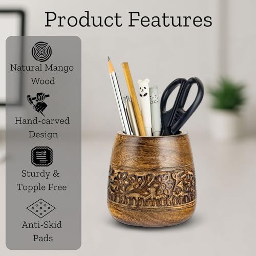 Mie Creations Designer Pencil Holder for Desk Wood | Wooden Pen Stand, Paintbrush Cup, Desk Accessories, Cute Make Up Brush Organizers | Office Desktop Stationery, Christmas Holidays Gift- 4'' Brown - Image 2