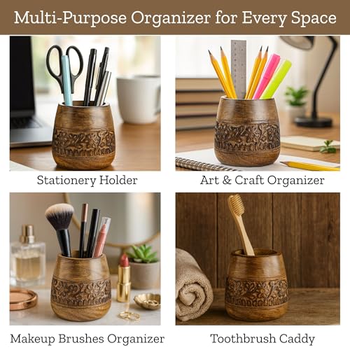 Mie Creations Designer Pencil Holder for Desk Wood | Wooden Pen Stand, Paintbrush Cup, Desk Accessories, Cute Make Up Brush Organizers | Office Desktop Stationery, Christmas Holidays Gift- 4'' Brown - Image 4
