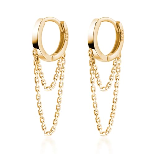 Reffeer Solid 925 Sterling Silver Tassel Chain Drop Dangle Small Hoop Earrings Huggie for Women Teen (C-Gold) - Image 1