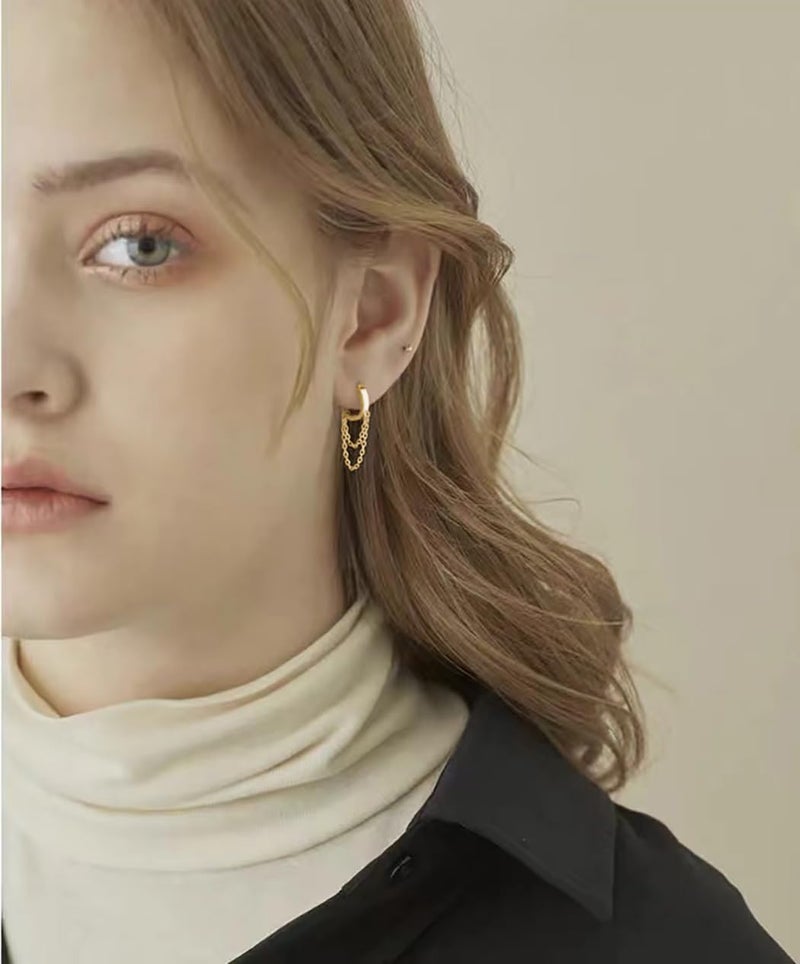 Reffeer Solid 925 Sterling Silver Tassel Chain Drop Dangle Small Hoop Earrings Huggie for Women Teen (C-Gold) - Image 3