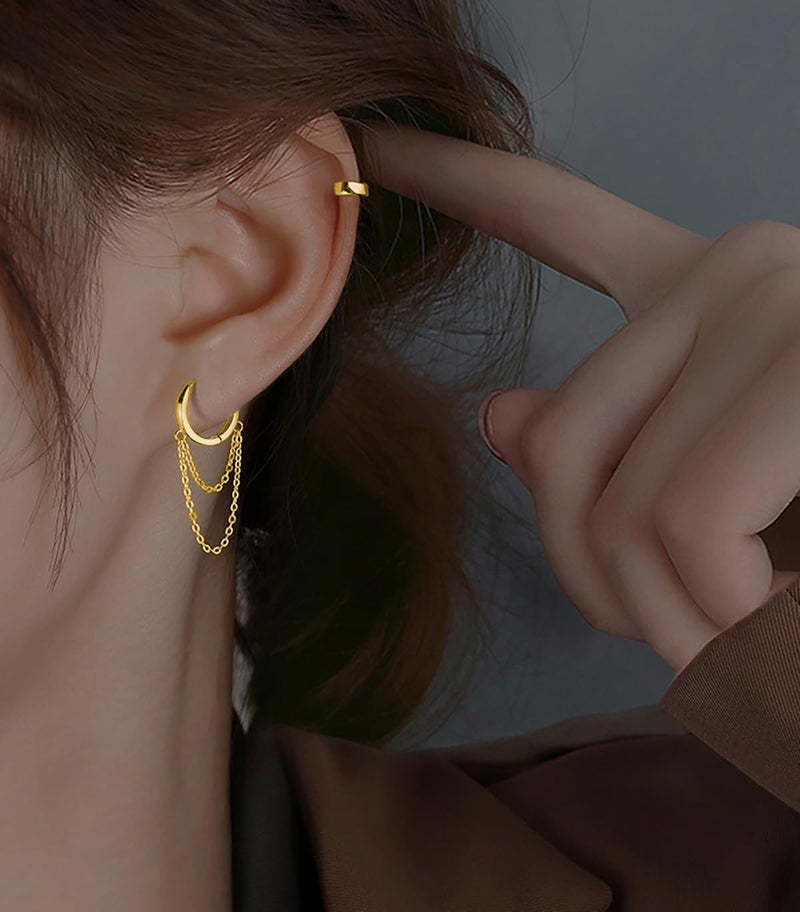 Reffeer Solid 925 Sterling Silver Tassel Chain Drop Dangle Small Hoop Earrings Huggie for Women Teen (C-Gold) - Image 2