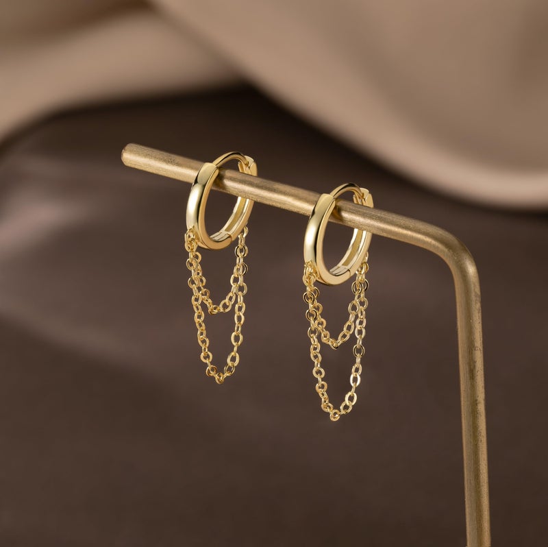 Reffeer Solid 925 Sterling Silver Tassel Chain Drop Dangle Small Hoop Earrings Huggie for Women Teen (C-Gold) - Image 5