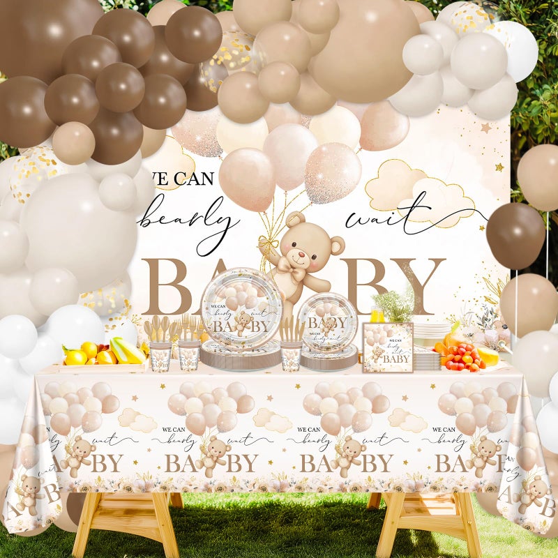 Lecheme 270 Pcs We Can Bearly Wait Baby Shower Decorations: Bear Baby Shower Banner Balloons Disposable Bear Themed Plates and Napkins Cups Tablecloth, Serve 24 - Image 2