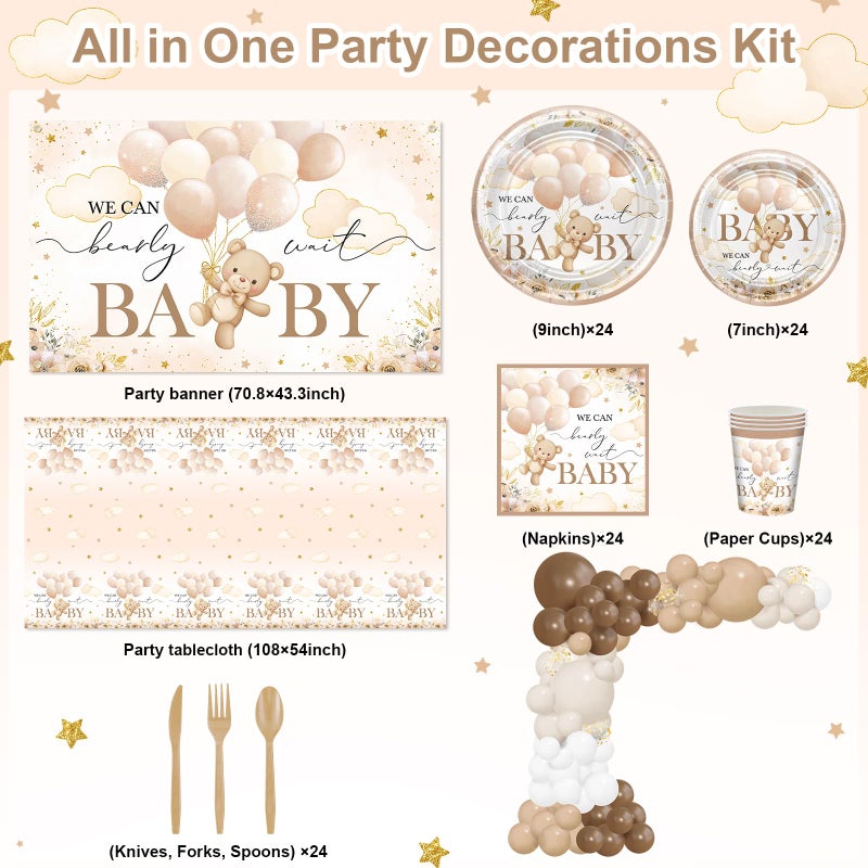 Lecheme 270 Pcs We Can Bearly Wait Baby Shower Decorations: Bear Baby Shower Banner Balloons Disposable Bear Themed Plates and Napkins Cups Tablecloth, Serve 24 - Image 3