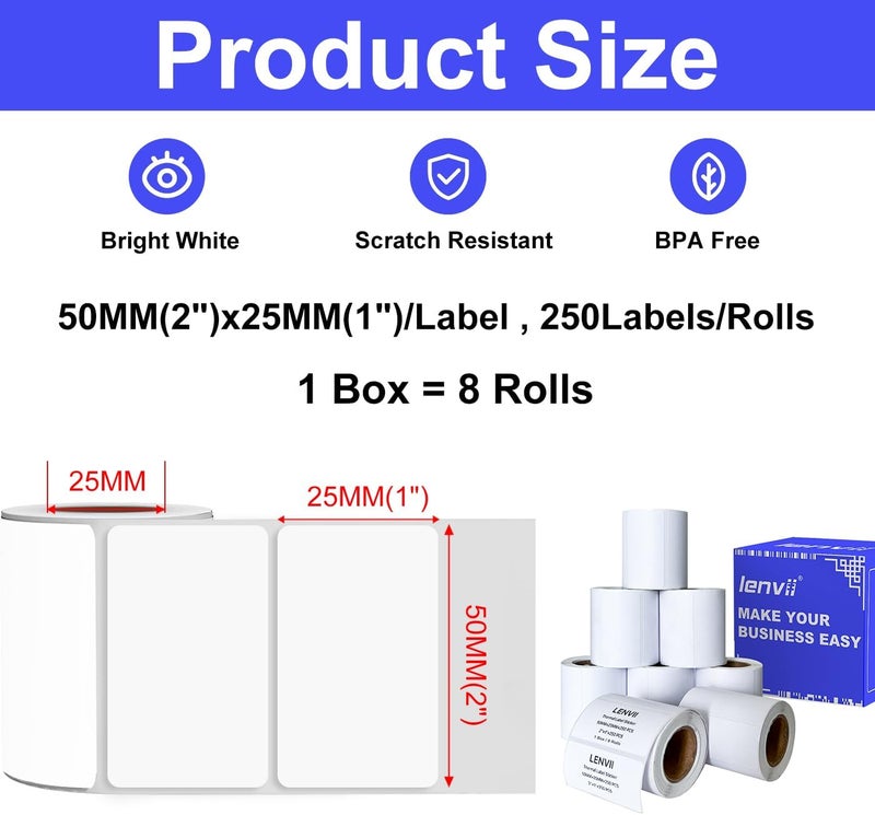 LENVII 50 x 25mm (2" x 1") Thermal Labels 2000 Sheets - 8 Rolls × 250 Labels, 3-Proof (Water/Oil/Scratch) Multi-Use Adhesive Stickers for Address/Barcode/FNSKU Tags -Home/Office/Product/Gift Labeling - Image 2