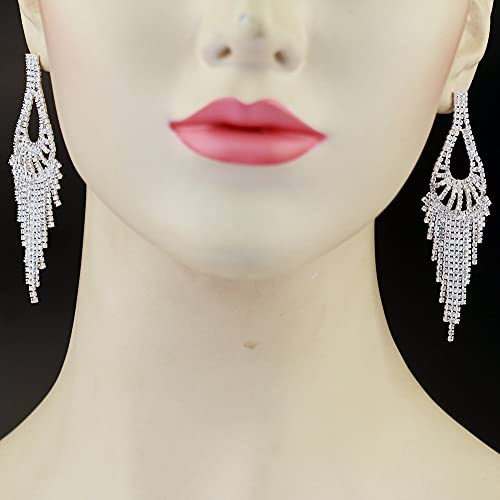 CHRAN Silver Rhinestone Long Tassels Chandelier Dangle Earrings Wedding Jewelry - Image 3