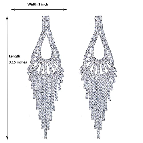 CHRAN Silver Rhinestone Long Tassels Chandelier Dangle Earrings Wedding Jewelry - Image 2