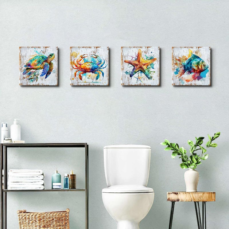 AIYISU Sea Turtle Bathroom Wall Art Beach Decor Watercolor Fish Crab Starfish Canvas Prints Colorful Sea Animals Coastal Paintings Ocean Life Nursery Decor for Bedroom Living Room Home Decoration 12x12"" 4Pcs - Image 2