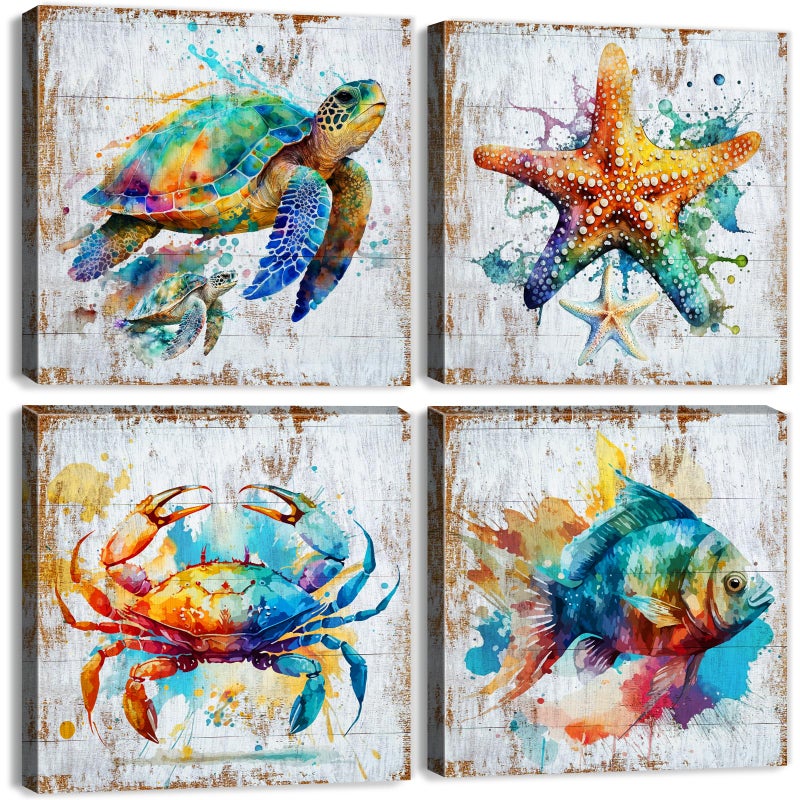 AIYISU Sea Turtle Bathroom Wall Art Beach Decor Watercolor Fish Crab Starfish Canvas Prints Colorful Sea Animals Coastal Paintings Ocean Life Nursery Decor for Bedroom Living Room Home Decoration 12x12"" 4Pcs - Image 1