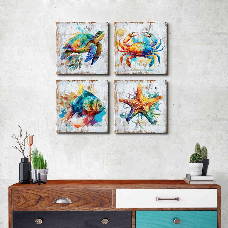 AIYISU Sea Turtle Bathroom Wall Art Beach Decor Watercolor Fish Crab Starfish Canvas Prints Colorful Sea Animals Coastal Paintings Ocean Life Nursery Decor for Bedroom Living Room Home Decoration 12x12"" 4Pcs - Image 3