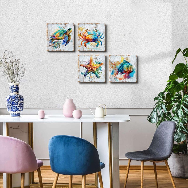 AIYISU Sea Turtle Bathroom Wall Art Beach Decor Watercolor Fish Crab Starfish Canvas Prints Colorful Sea Animals Coastal Paintings Ocean Life Nursery Decor for Bedroom Living Room Home Decoration 12x12"" 4Pcs - Image 5