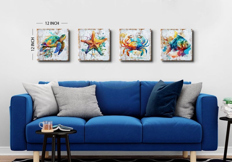 AIYISU Sea Turtle Bathroom Wall Art Beach Decor Watercolor Fish Crab Starfish Canvas Prints Colorful Sea Animals Coastal Paintings Ocean Life Nursery Decor for Bedroom Living Room Home Decoration 12x12"" 4Pcs - Image 4