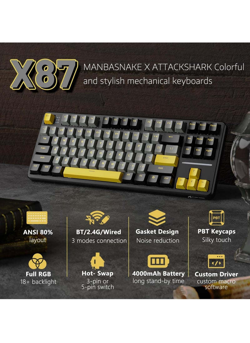 Attack Shark - X87 Wireless Mechanical Gaming Keyboard, Tri-Mode BT/2.4G/Wired Gasket Hot Swappable Custom Keyboard - Image 1