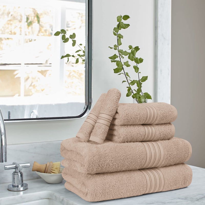 Boutiquo 6 Pack Cotton Payel مجموعة من مناشف حمام 2 28 × 55 بوصة 2 مناشف اليد 16x24 بوصة و 2 غسل 12x12 بوصة مثالية كل يوم الاستخدام المدمج الناعم والخفيف - تان - تان - Image 3