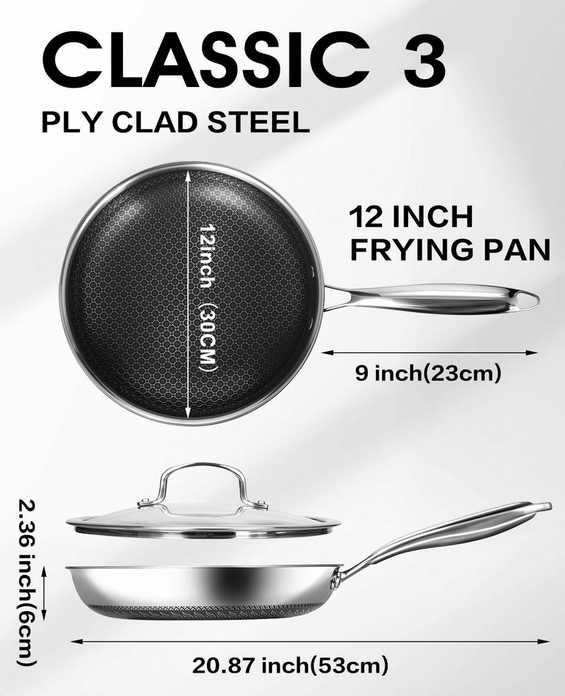 USELUCK Nonstick Frying Pan with Lid,12-Inch Stainless Steel Skillet with Honeycomb Surface,Dishwasher-Friendly,Oven-Safe,Induction Compatible,PFAS-Free,Non-Toxic,Compatible with All Cooktops. - Image 3