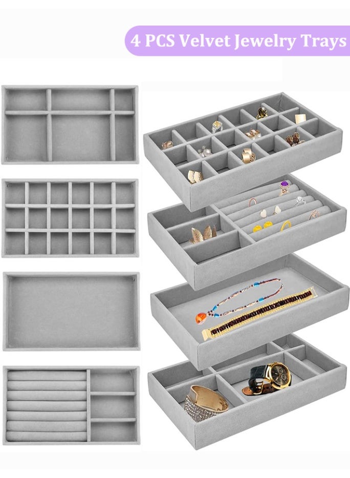 Velvet Jewelry Organizer Trays for Drawers, Jewelry Trays Set of 4, Stackable Jewelry Display Tray, Jewelry Drawer Storage with Removable Dividers, Jewelry Box for Earring, Necklace, Rings, Bracelet, Jewelry Case Grey - Image 1
