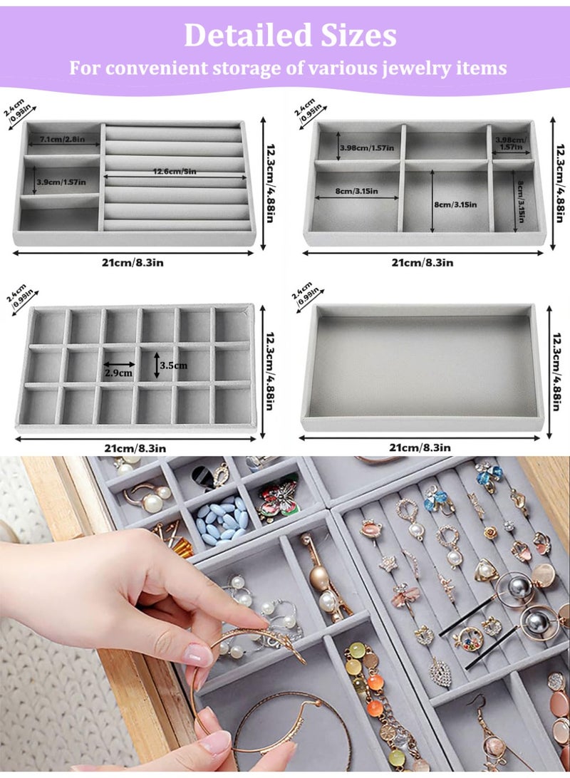 Velvet Jewelry Organizer Trays for Drawers, Jewelry Trays Set of 4, Stackable Jewelry Display Tray, Jewelry Drawer Storage with Removable Dividers, Jewelry Box for Earring, Necklace, Rings, Bracelet, Jewelry Case Grey - Image 2