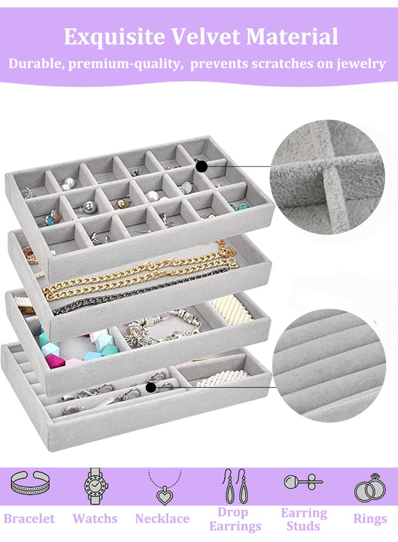 Velvet Jewelry Organizer Trays for Drawers, Jewelry Trays Set of 4, Stackable Jewelry Display Tray, Jewelry Drawer Storage with Removable Dividers, Jewelry Box for Earring, Necklace, Rings, Bracelet, Jewelry Case Grey - Image 3