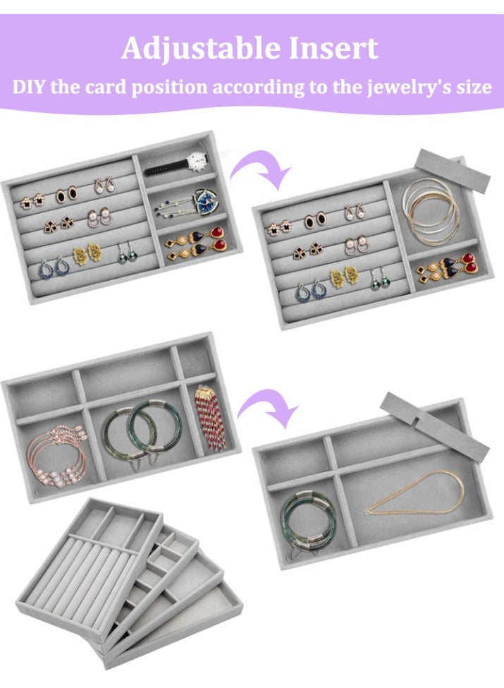 Velvet Jewelry Organizer Trays for Drawers, Jewelry Trays Set of 4, Stackable Jewelry Display Tray, Jewelry Drawer Storage with Removable Dividers, Jewelry Box for Earring, Necklace, Rings, Bracelet, Jewelry Case Grey - Image 4