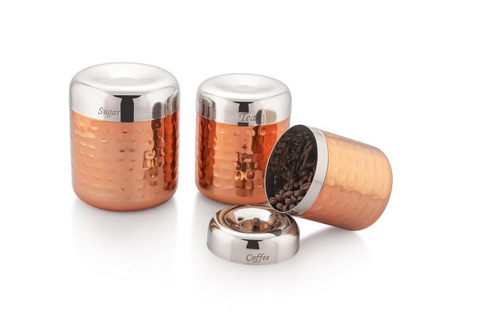 SILVERGLOW CANISTER SET COPPER PLATED SET OF 3 STAINLESS STEEL STORAGE JAR CONTAINER SET OF TEA COFFEE AND SUGAR KITCHEN DABBA